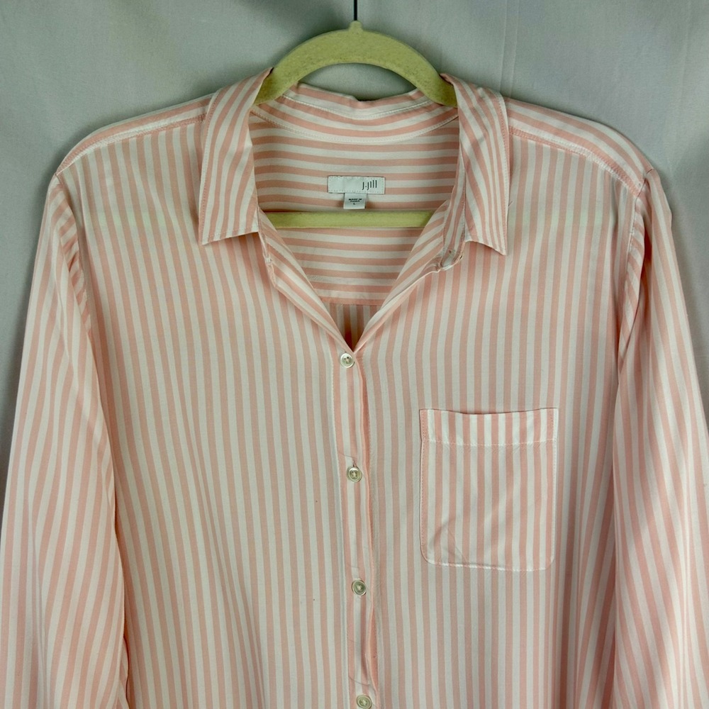 J Jill Stripe‎ Button Down Blouse Women Large Pink White Long Roll Tab Sleeves - Picture 3 of 8
